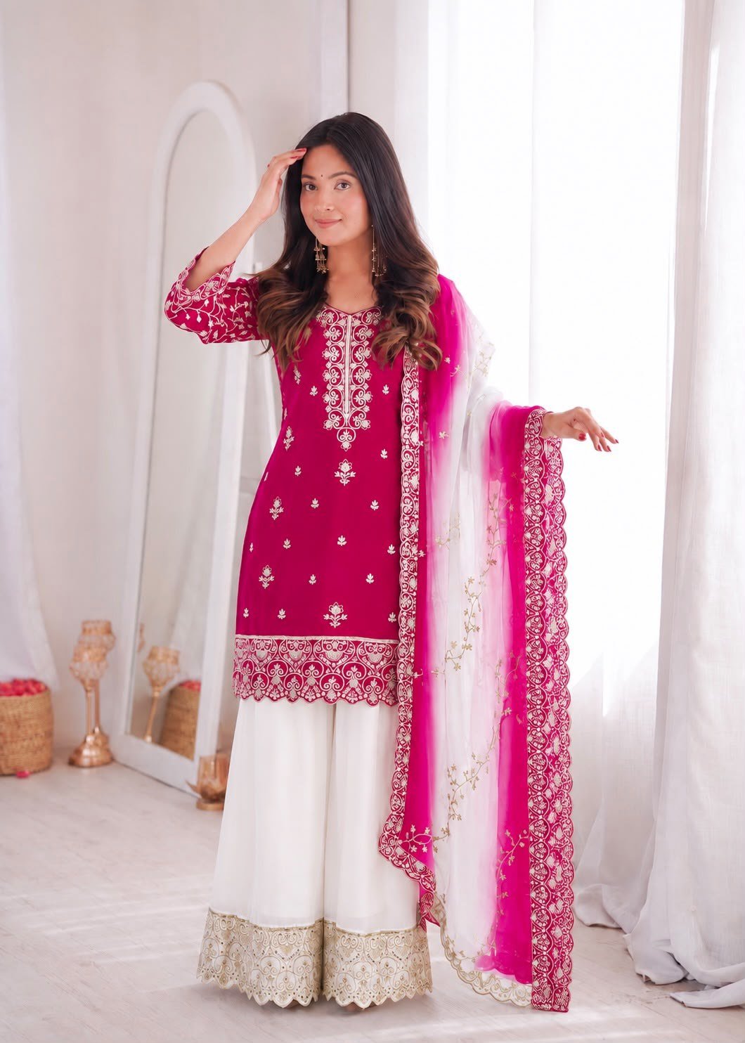 Rani Mahal Designer Natural Silk Embroidered Sequence Work Top Palazzo With Kundan Organza Dupatta Set